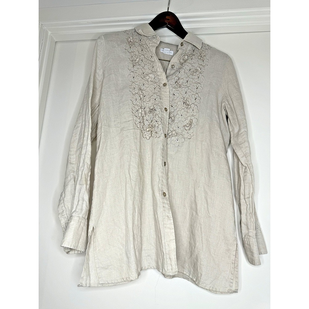 Wom LG CHARTER CLUB Linen Blouse Chambray Floral 3D Embroidery Lagenlook Gauzy‎